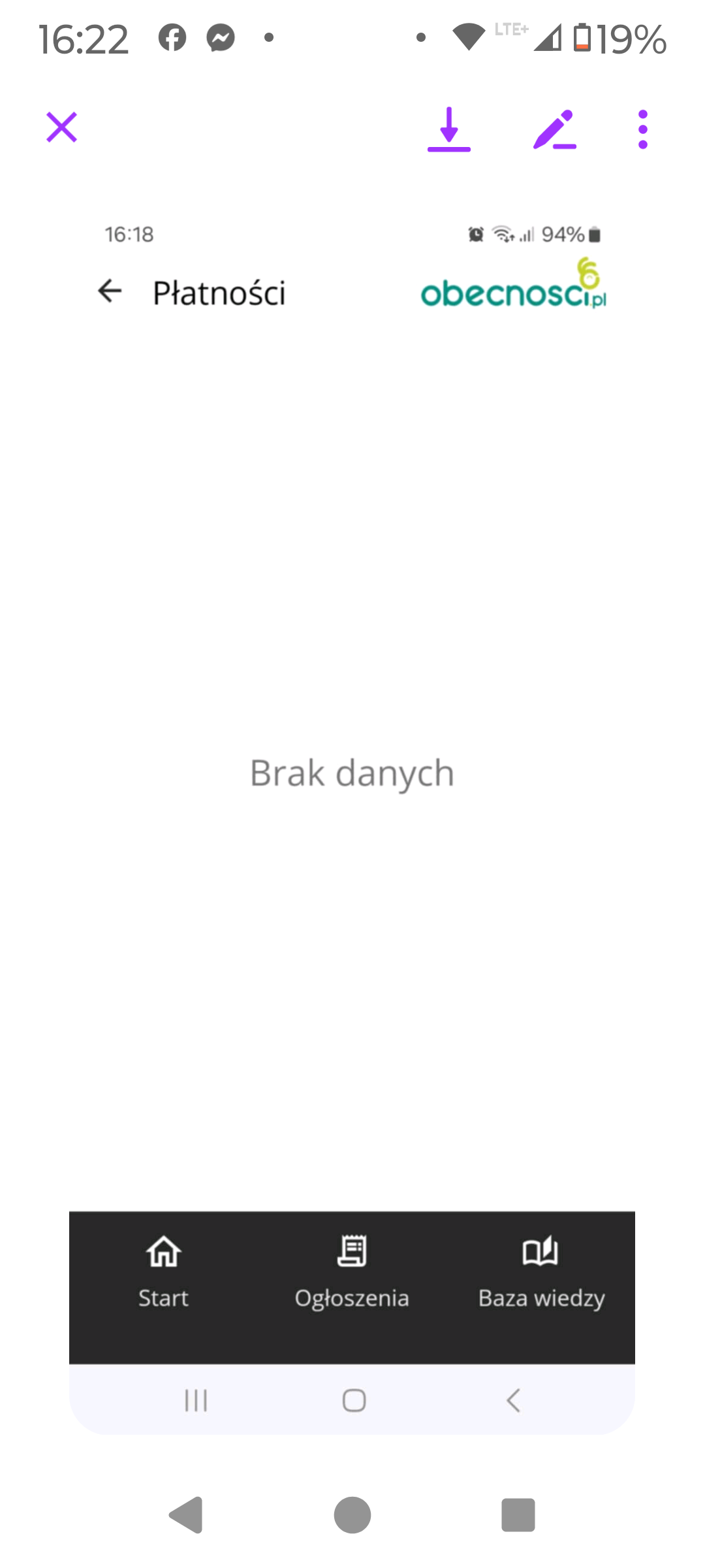 Na obrazie widać screen prezentujący widok zakładki Płatności dostępnej w aplikacji Obecnosci.pl